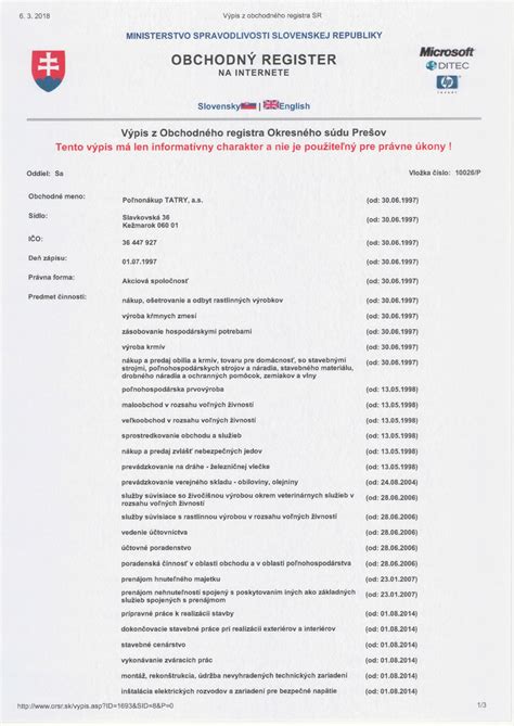 Výpis z obchodného registra SR.